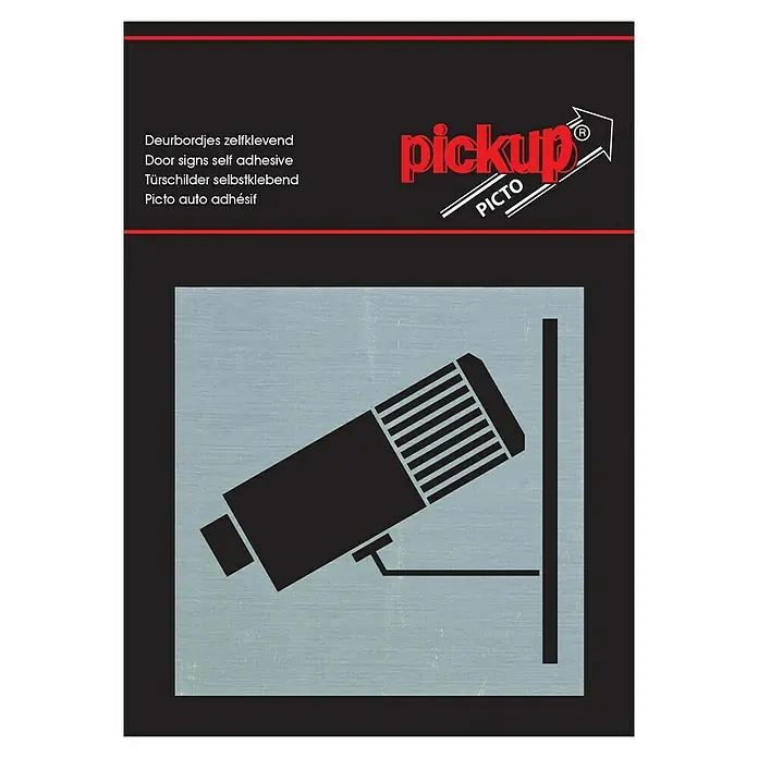 Pickup Aufkleber - L x B: 80 x 80 mm, Videokamera - Selbstklebendes Türschild mit Überwachungskamera-Symbol für Sicherheitsbereiche.