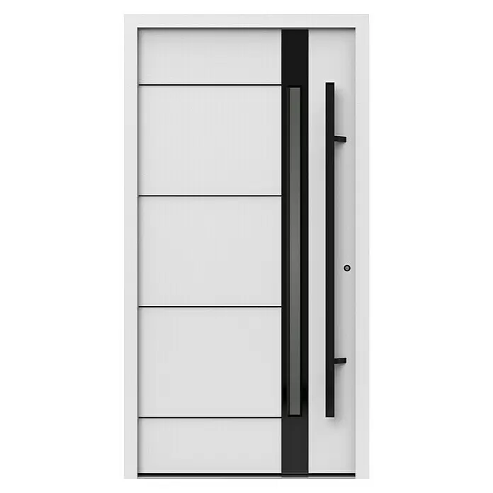 Gerda Haustür Thermo Prime 75 Rodan - 110 cm x 210 mm, DIN Anschlag: Rechts, Weiß, Schwarze Details - Moderne weiße Haustür mit horizontalen Paneelen, vertikalem schwarzem Glaseinsatz und langem schwarzem Griff.