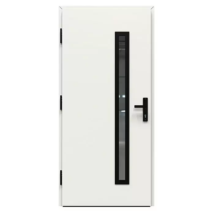 Gerda Haustür Thermo Prime 75 Rodan - 100 cm x 210 mm, DIN Anschlag: Links, Weiß, Schwarze Details - Moderne weiße Tür mit schwarzem vertikalem Glaseinsatz und schwarzem Türgriff.