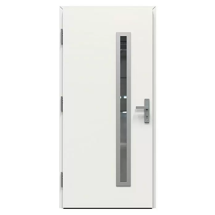 Gerda Haustür Thermo Prime 75 Rodan - 100 cm x 210 mm, DIN Anschlag: Links, Weiß, Details in Edelstahl - Weiße moderne Tür mit vertikalem Glasfeld in silbernem Rahmen und silbernem Drücker.