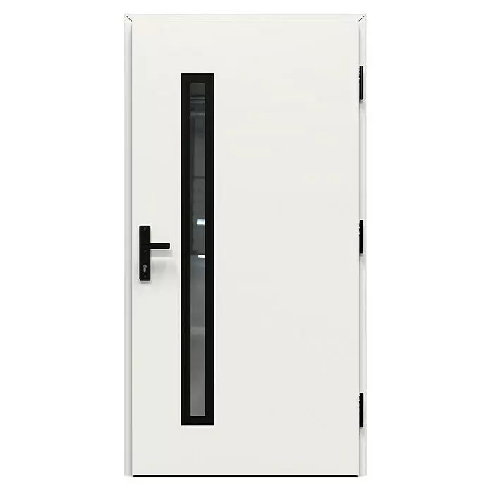 Gerda Haustür Thermo Prime 75 Rodan - 110 cm x 210 mm, DIN Anschlag: Rechts, Weiß, Schwarze Details - Weiße moderne Tür mit schwarzem Griff und vertikaler, schwarz gerahmter Glasscheibe.