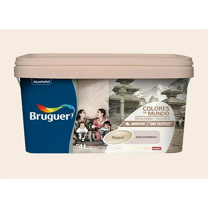 Bruguer Colores del Mundo Pintura para paredes - Nepal matiz de beige, Mate, 4 l - Bote de pintura Bruguer "Colores del Mundo" en Nepal Beige Intermedio, ideal para paredes y techos, con fórmula Monocapa y ColorProtect para un color duradero.