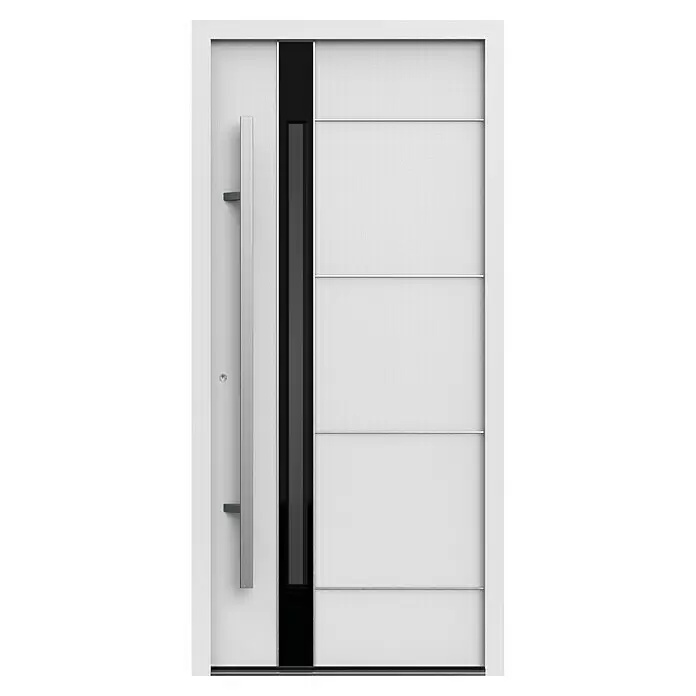 Gerda Haustür Thermo Prime 75 Rodan - 100 cm x 210 mm, DIN Anschlag: Links, Weiß, Details in Edelstahl - Moderne weiße Haustür mit langem vertikalem silbernem Griff, schwarzem Glaseinsatz und horizontalen silbernen Designelementen.