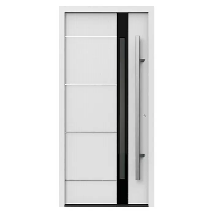Gerda Haustür Thermo Prime 75 Rodan - 100 cm x 210 mm, DIN Anschlag: Rechts, Weiß, Details in Edelstahl - Moderne weiße Haustür mit horizontalen Linien, vertikalem Schwarzglas und langem Silbergriff.