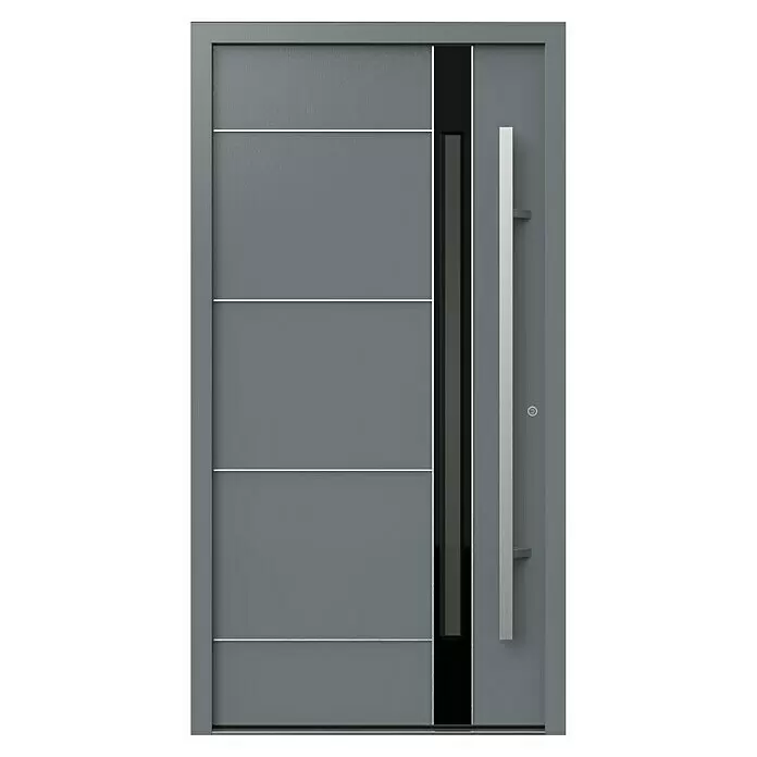 Gerda Haustür Thermo Prime 75 Rodan - 110 cm x 210 mm, DIN Anschlag: Rechts, Grau, Details in Edelstahl - Moderne dunkelgraue Eingangstür mit horizontalen Silberakzenten, vertikaler Glasscheibe und langem Metallgriff.