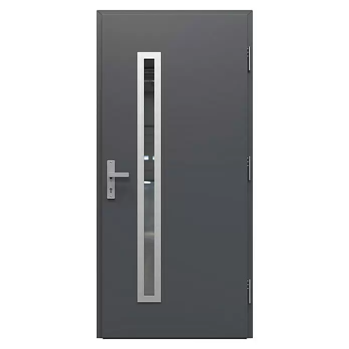 Gerda Haustür Thermo Prime 75 Rodan - 100 cm x 210 mm, DIN Anschlag: Rechts, Anthrazitgrau, Details in Edelstahl - Graue Metalltür mit vertikalem Glasfeld und silbernem Griff.