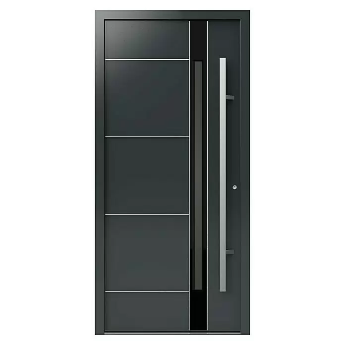 Gerda Haustür Thermo Prime 75 Rodan - 100 cm x 210 mm, DIN Anschlag: Rechts, Anthrazitgrau, Details in Edelstahl - Moderne dunkelgraue Eingangstür mit horizontalen Silberakzenten, vertikaler Glasscheibe und langem silbernem Griff.