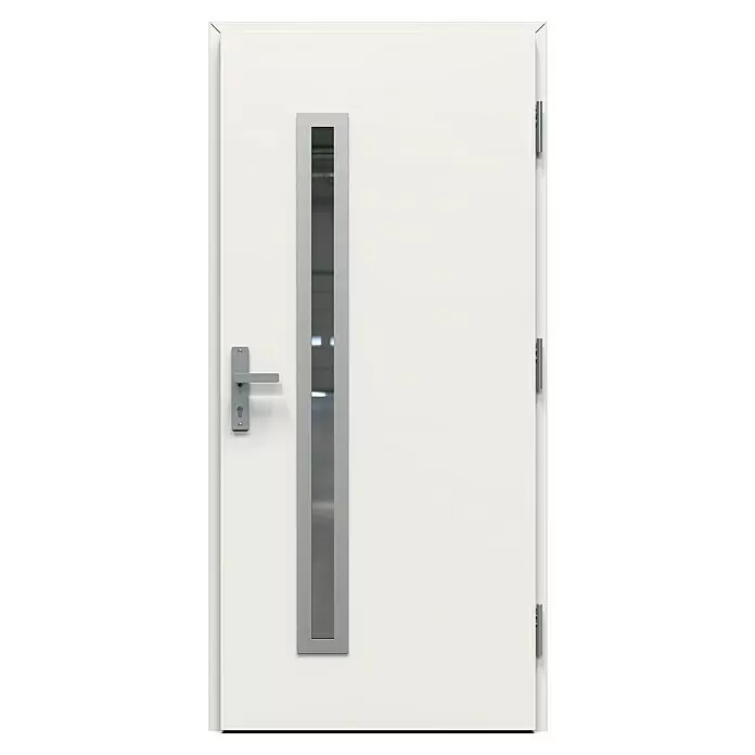 Gerda Haustür Thermo Prime 75 Rodan - 100 cm x 210 mm, DIN Anschlag: Rechts, Weiß, Details in Edelstahl - Weiße moderne Tür mit langem rechteckigem Glaseinsatz und silbernem Drücker.