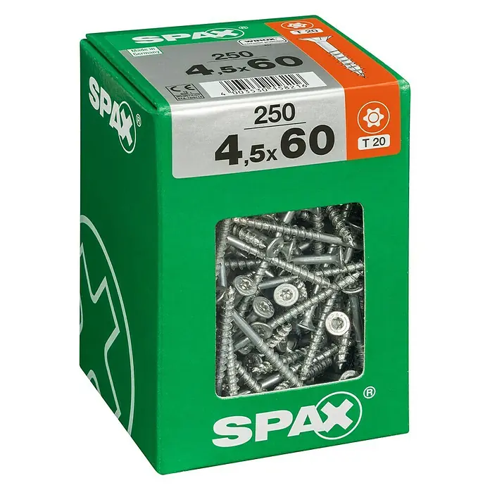 Spax T-Star plus Universalschraube T-Star plus - Ø x L: 4,5 x 60 mm, WIROX Oberfläche, T-Star plus, 250 Stk. - Eine grüne Spax Schraubenbox, gefüllt mit 250 Schrauben der Größe 4,5x60, ideal für vielfältige Anwendungen im Holzbereich.