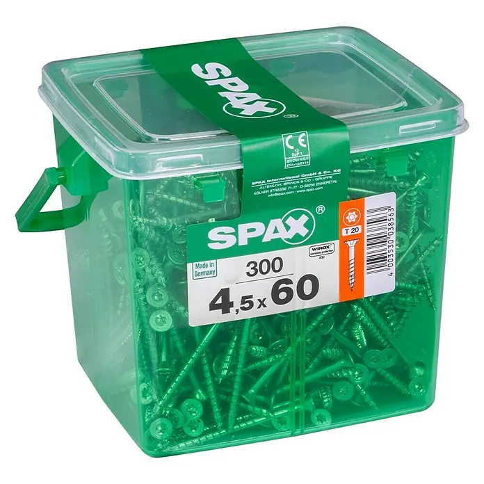 Spax T-Star plus Universalschraube T-Star plus - Ø x L: 4,5 x 60 mm, WIROX Oberfläche, T-Star plus, 300 Stk. - Dose grüner SPAX-Schrauben 4,5x60mm, hergestellt in Deutschland, ideal für diverse Befestigungsarbeiten.
