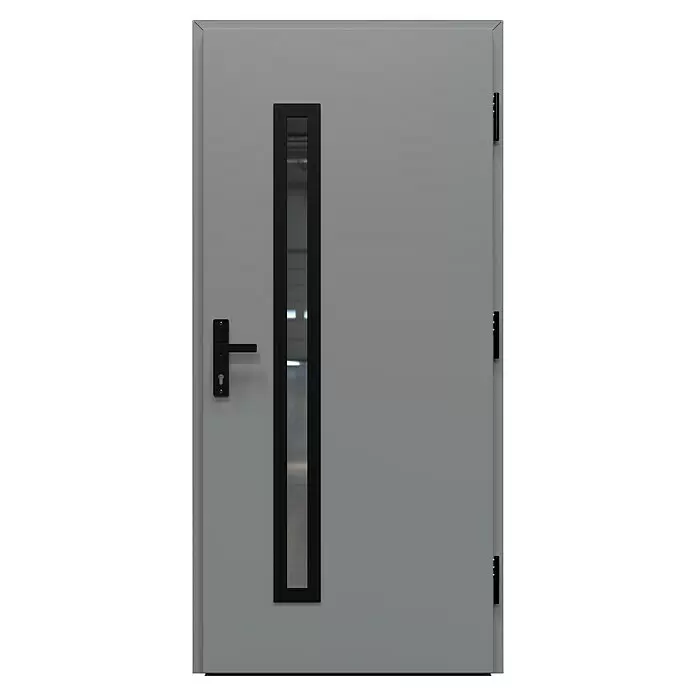 Gerda Haustür Thermo Prime 75 Rodan - 100 cm x 210 mm, DIN Anschlag: Rechts, Grau, Schwarze Details - Graue Tür mit vertikalem schwarz gerahmtem Fenster und schwarzem Griff mit Schloss.