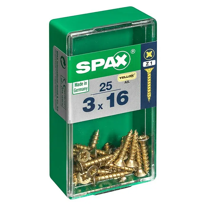 Spax Universalschraube - 3 x 16 mm, Vollgewinde, 25 Stk. - Dose Spax Universalschrauben YELLOX A2L, 3x16 mm, 25 Stück für vielseitige Anwendungen im Innenbereich. Made in Germany.