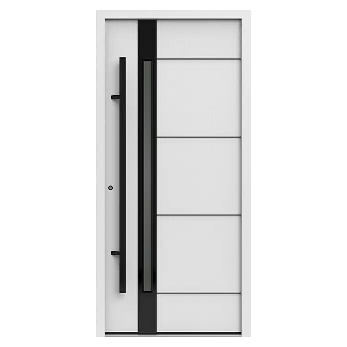 Gerda Haustür Thermo Prime 75 Rodan - 100 cm x 210 mm, DIN Anschlag: Links, Weiß, Schwarze Details - Moderne weiße Haustür mit schwarzem vertikalen Griff, schmalem Glasfeld und horizontalen Linien. Strukturierte weiße Oberfläche.