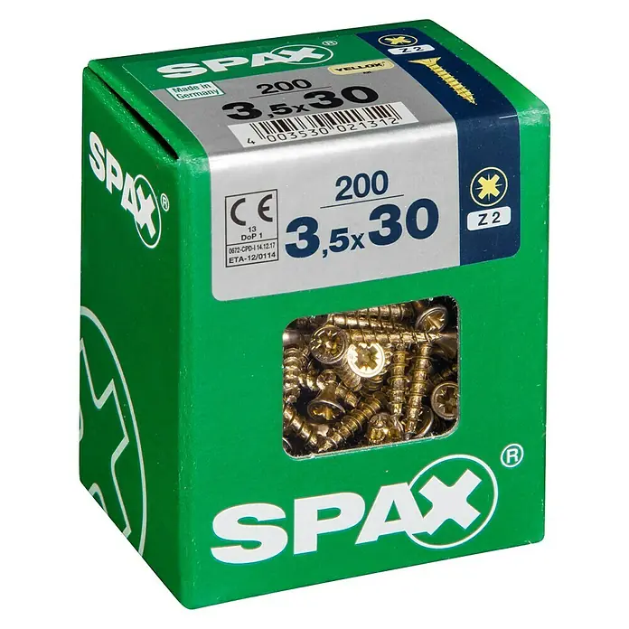 Spax Universalschraube - 3,5 x 30 mm, Vollgewinde, 200 Stk. - Eine grüne Spax Schraubenbox mit 200 gelben 3,5x30 Schrauben, ideal für vielfältige Anwendungen im Haus und Garten.