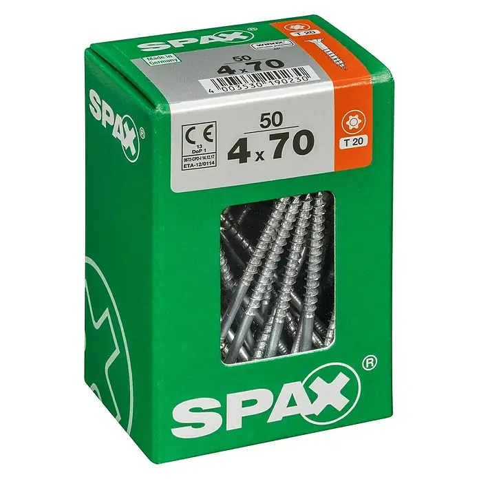 Spax T-Star plus Universalschraube T-Star plus - Ø x L: 4 x 70 mm, WIROX Oberfläche, T-Star plus, 50 Stk. - Eine grüne Spax Schrauben-Box mit 50 Senkkopfschrauben der Größe 4 x 70 mm, ideal für Holzverbindungen und Heimwerkerprojekte.