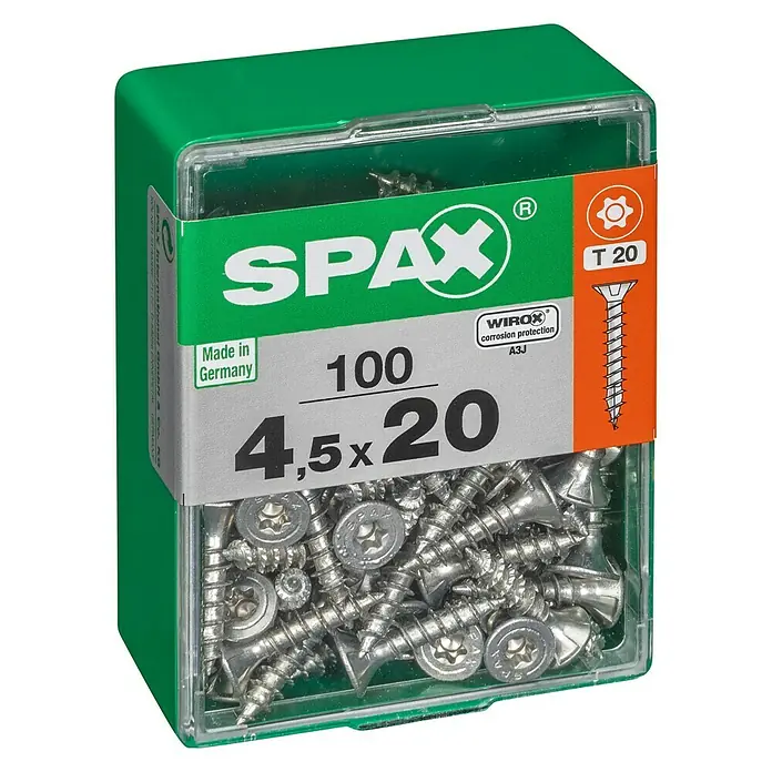 Spax T-Star plus Universalschraube T-Star plus - Ø x L: 4,5 x 20 mm, WIROX Oberfläche, T-Star plus, 100 Stk. - Dose mit 100 SPAX Schrauben 4,5 x 20 mm, ideal für vielfältige Anwendungen im Holzbau und Heimwerkerbereich.