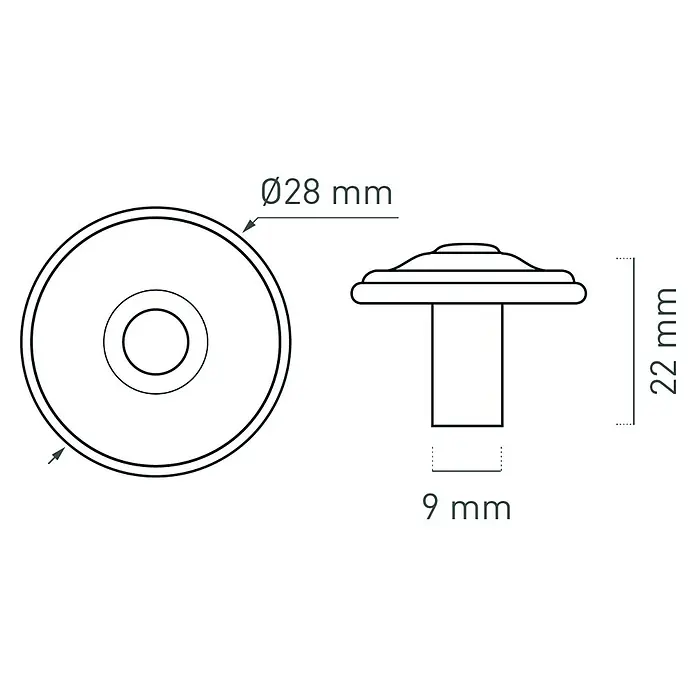 Nesu Pomo para muebles Cuero Vibro - Ø x Al: 28 x 22 mm, Cuero viejo, 1 ud. - Dibujo técnico de un botón con medidas: diámetro 28 mm, altura 22 mm, diámetro del vástago 9 mm.