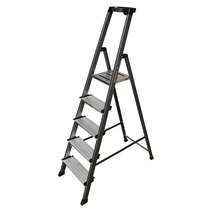 Krause Monto Escalera de tijera Safemat - Altura de trabajo: 3,05 m, Número de peldaños: 5 ud., Carga soportada: 150 kg, Aluminio - La escalera de mano gris con cuatro peldaños y una plataforma es robusta y segura para trabajar en alturas. Perfecta para uso interior.