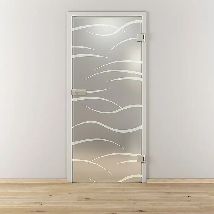 Diamond Doors Glasdrehtür 540709 x 1.972 mm, DIN Anschlag: Rechts, Einscheibensicherheitsglas (ESG) - Elegante Glastür mit weißem Rahmen und einem stilvollen, wellenförmigen Dekor, ideal für moderne Innenräume.