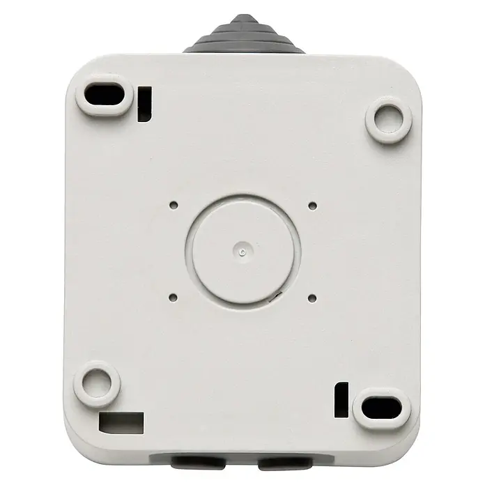 Voltomat Blueline Conmutador doble para estancias con humedad - Gris, Montaje en superficie, IP54 - Vista de una base de cámara de vigilancia cuadrada de color claro con huecos de montaje.