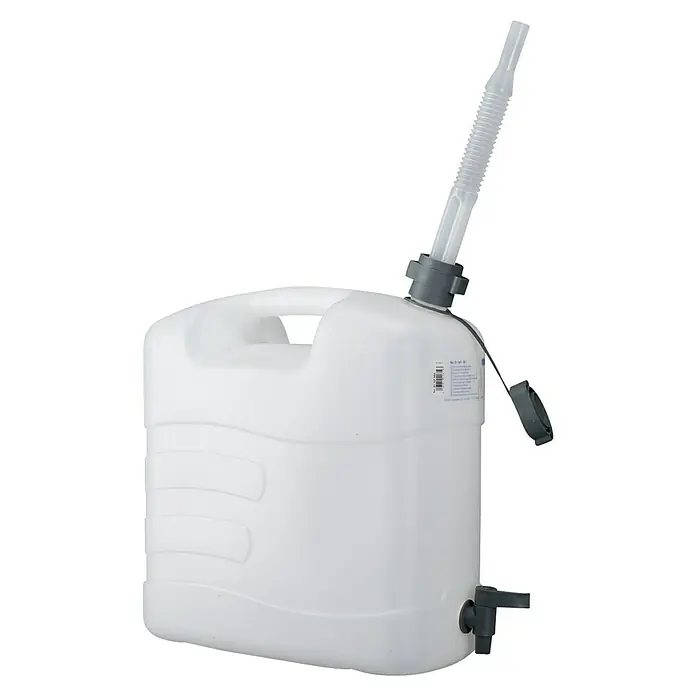 Wasserkanister - 20 l, Weiß - Ein weißer Kanister mit einem flexiblen Ausgießer und einem Griff, der das Tragen und Ausgießen erleichtert, ideal für Flüssigkeiten.