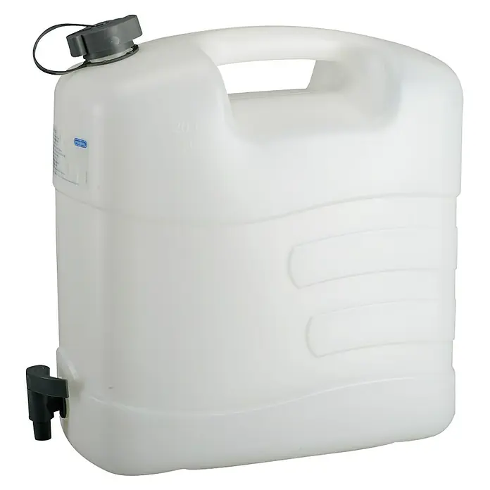 Wasserkanister - 20 l, Weiß - Ein weißer, rechteckiger Wasserkanister mit schwarzem Hahn und Griff zum einfachen Tragen. Ideal für Camping und Outdoor-Aktivitäten.