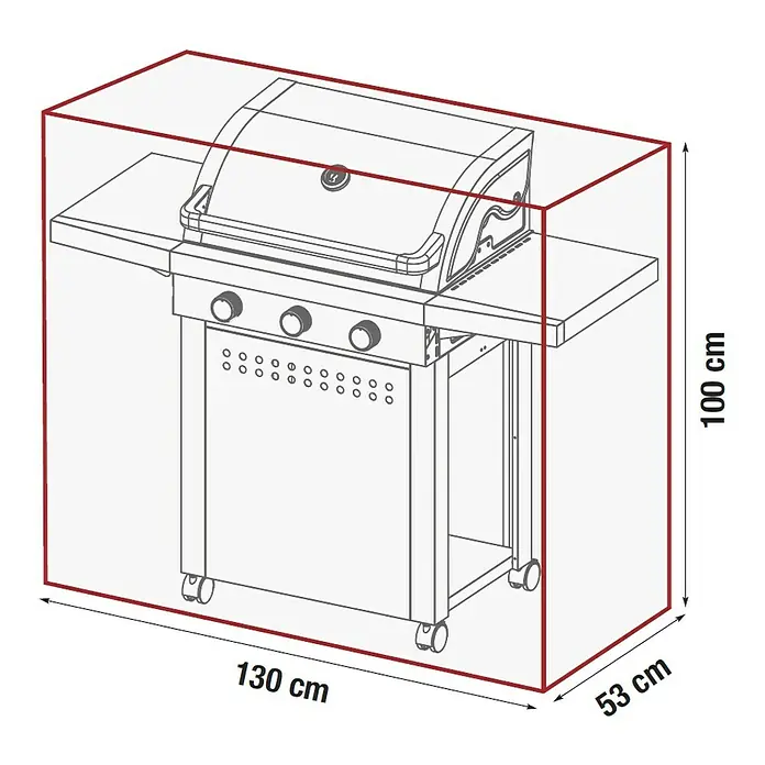 Grillstar Funda protectora para barbacoa Atlanta 300 - Plástico, Específico para: Barbacoa de gas Grillstar Atlanta 300 - Ilustración de una funda para barbacoa con dimensiones de 130 cm de ancho, 53 cm de profundidad y 100 cm de alto.