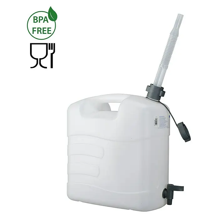 Wasserkanister - 20 l, Weiß - Weißer Wasserkanister mit Hahn und Ausgießer, gekennzeichnet als BPA-frei und lebensmittelecht.