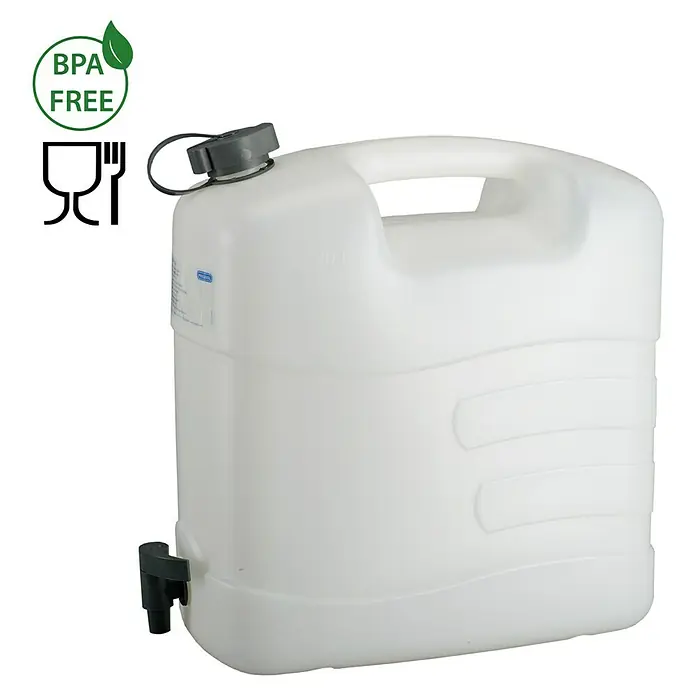 Wasserkanister - 20 l, Weiß - Weißer Wasserkanister mit schwarzem Hahn und Schraubverschluss, versehen mit einem "BPA-frei"-Aufdruck für sichere Flüssigkeitslagerung.