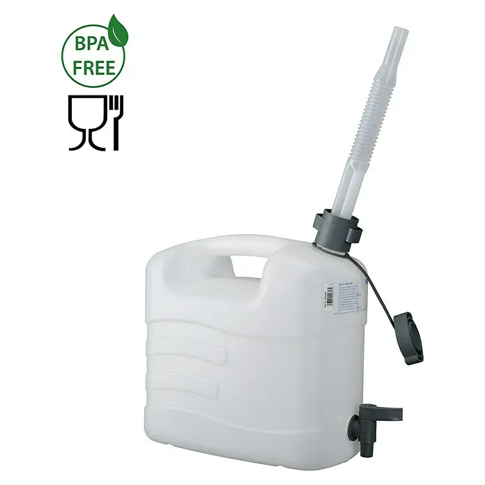Wasserkanister - 10 l, Weiß - Ein weißer BPA-freier Wasserkanister mit Ausgießer und Hahn, ideal für Camping und Outdoor-Aktivitäten, bietet sichere Wasseraufbewahrung.