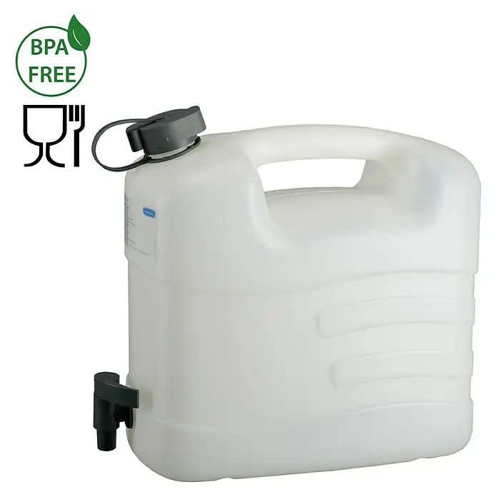 Wasserkanister - 10 l, Weiß - Weißer BPA-freier Wasserkanister mit praktischem Hahn und Tragegriff für Camping oder Outdoor-Aktivitäten. Ideal zum einfachen Wasserspeichern.