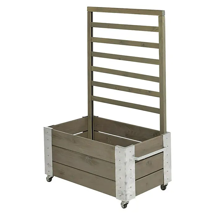 Plus Pflanzkasten Cubic - Graubraun, 87 x 50 x 130 cm, Mit Rankgitter - Der graue Pflanzkasten mit Spalier ist ideal für den Garten oder die Terrasse. Er ist aus Holz gefertigt und hat Rollen für einfachen Transport.