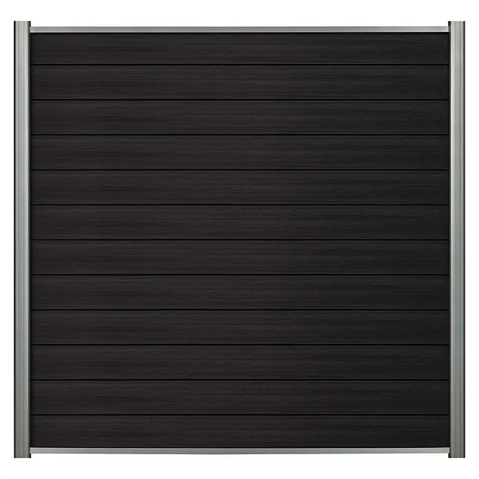 Sichtschutzelement Verona - 177,3 x 84 cm, Anthrazit, 6 -tlg. - Das Bild zeigt eine schwarze, horizontale Holzverkleidung, eingefasst in einem silbernen Rahmen. Ideal für moderne Außendesigns.