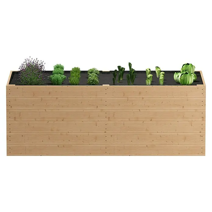Hochbeet - 200 x 100 x 72 cm, Holz, Natur - Hochbeet aus Holz mit verschiedenen Pflanzen wie Lavendel, Salat und Kohl, ideal für den Garten oder Balkon.