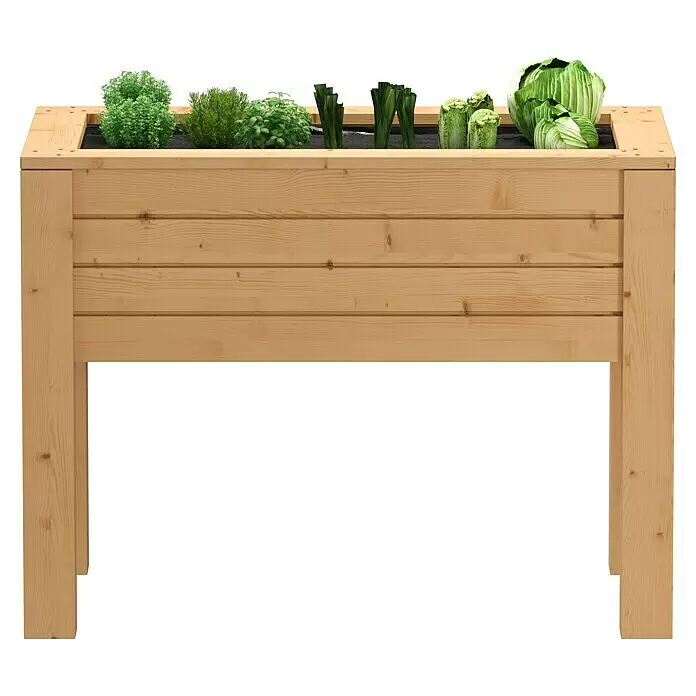Hochbeet Rhombus - 100 x 58 x 75 cm, Holz, Natur - Helles Holz-Hochbeet, gefüllt mit verschiedenen Grünpflanzen.
