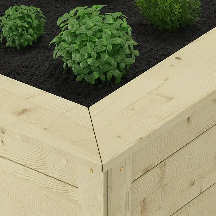 Weka Hochbeet - 205 x 79 x 81 cm, Holz, Natur, Stufenhochbeet - Der erhöhte Holzkasten mit dunkler Erde und grünen Pflanzen bietet eine bequeme Möglichkeit, Kräuter oder Blumen anzubauen.