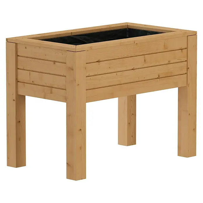 Hochbeet Rhombus - 100 x 58 x 75 cm, Holz, Natur - Ein erhöhter Pflanzkasten aus hellem Holz mit schwarzen Innenverkleidung, ideal für Gartenarbeit. Der Kasten steht auf vier stabilen Beinen.