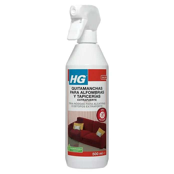 HG Quitamanchas Alfombra/Tapicería - 500 ml - La imagen muestra un bote de spray de quitamanchas HG para alfombras y tapicerías, con la etiqueta "extra fuerte" en el frente.