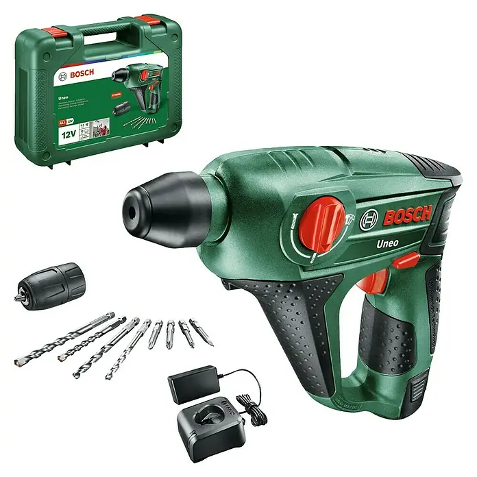 Bosch Power for All 12V Akku-Bohrhammer Uneo - 12 V, 1 Akku, 2 Ah, 0,5 J - Das Bosch Uneo Akku-Bohrhammer-Set mit Zubehör und Ladegerät. Ideal für vielseitige Bohrarbeiten im Haus und Garten, kompakt und leistungsstark.