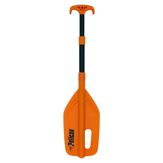 Pelican Paddel - Verstellbar: 63,5 cm - 137 cm - Nahaufnahme eines orangefarbenen Pelican-Paddels mit schwarzem Schaft und T-förmigem Griff, ideal für Paddelboote und Kajaks.