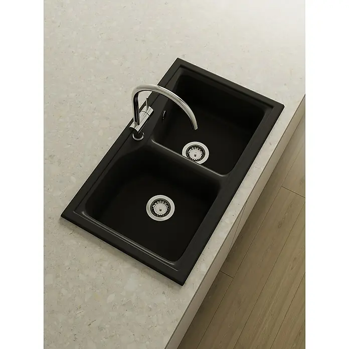 Poalgi Fregadero encastrable City 322 Soft 2S - 51 x 86 cm, Material compuesto, Número de cubetas: 2 ud., Negro, Brillante - Fregadero doble de cocina en composite negro con grifo cromado moderno, integrado en una encimera. Diseño elegante para cocinas contemporáneas.