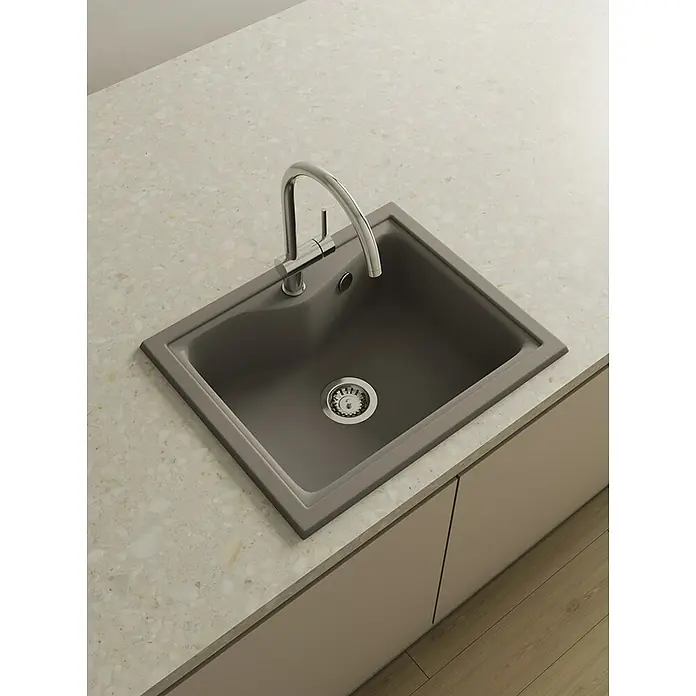 Poalgi Fregadero encastrable City 330 Soft 1S - 51 x 62 cm, Material compuesto - Fregadero de cocina moderno con elegante grifo sobre una encimera elegante. El fregadero está hecho de material de alta calidad y se integra perfectamente en la cocina.