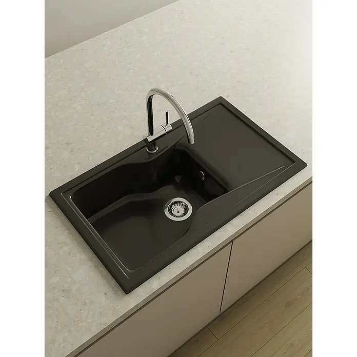 Poalgi Fregadero encastrable City 321 - 51 x 86 cm, Material compuesto, Negro - Elegante fregadero de cocina negro con escurridor y grifo moderno, perfecto para cualquier cocina contemporánea. Los materiales de alta calidad garantizan la durabilidad.