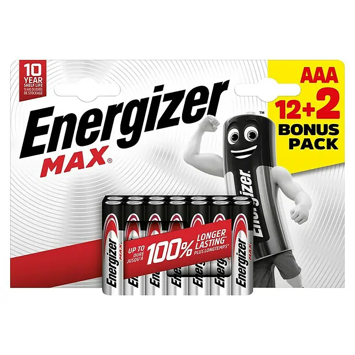Energizer Max Pila alcalina AAA - Micro AAA, Alcalino manganeso, 14 ud. - Imagen de un paquete de pilas AAA Energizer MAX, etiquetado como 12+2 Bonus Pack, que promete una energía más duradera.