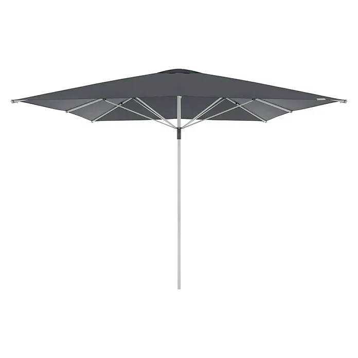 Doppler Marktschirm Telestar - Anthrazit, Bespannungsmaß (L x B): 400 x 400 cm - Grauer Sonnenschirm mit quadratischer Form und weißem Gestell für den Außenbereich.