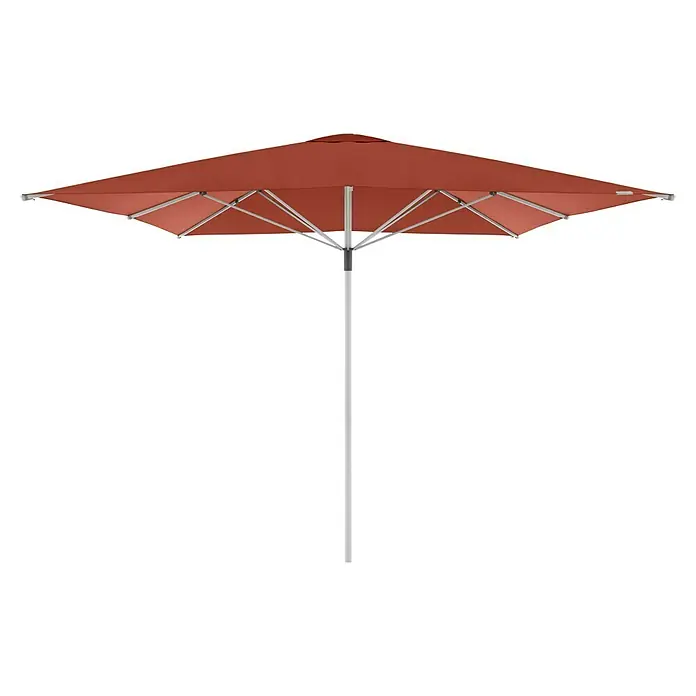 Doppler Marktschirm Telestar - Terra, Bespannungsmaß (L x B): 400 x 400 cm - Ein quadratischer Sonnenschirm in Terrakotta mit einem stabilen, weißen Mast, ideal für sonnige Tage im Freien.