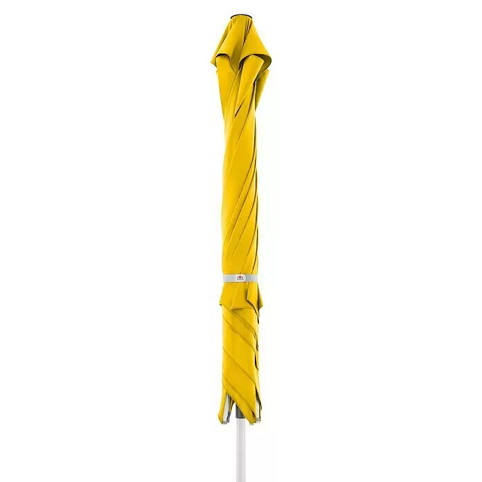 Doppler Marktschirm Telestar - Gelb, Bespannungsmaß (L x B): 400 x 400 cm - Geschlossener gelber Regenschirm mit weißem Markenband, vertikal zusammengefaltet.