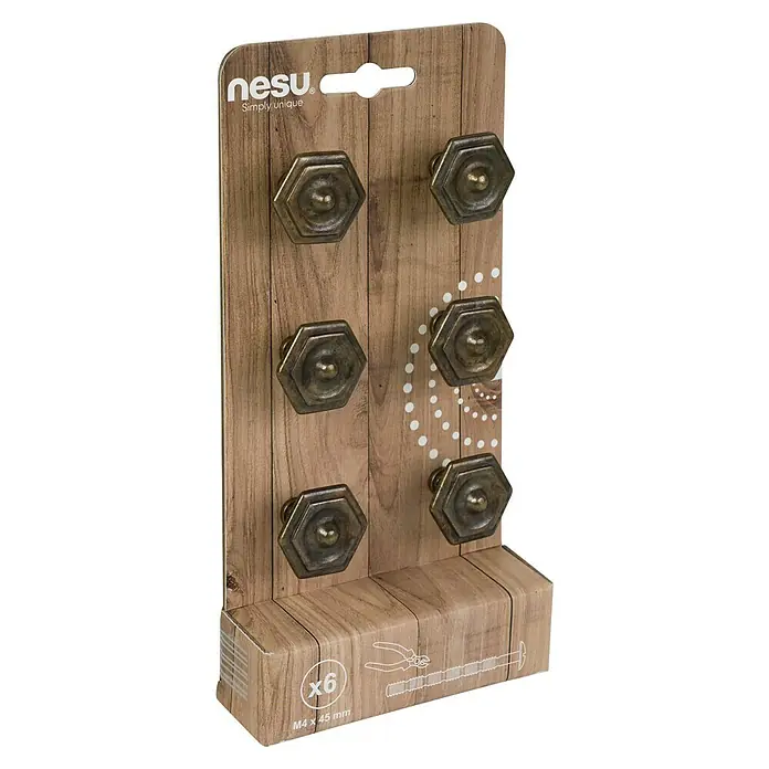 Nesu Pomo para muebles Bronce - Ø x Al: 32 x 23 mm, 6 ud. - Seis pomos de muebles hexagonales de color bronce de nesu, sujetos a un tablero de madera. Práctico para una fácil instalación.