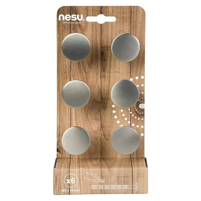 Nesu Pomo para muebles - Ø x Al: 33 x 25 mm, Inoxidable, 6 ud. - Primer plano de un paquete de madera con seis pomos de muebles NESU redondos de color plateado y material de montaje.