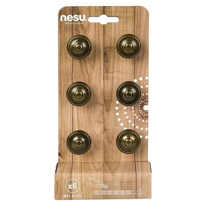 Nesu Pomo para muebles Cuero Vibro - Ø x Al: 28 x 22 mm, 6 ud. - Primer plano del paquete de seis pomos color bronce, con tornillos para muebles.